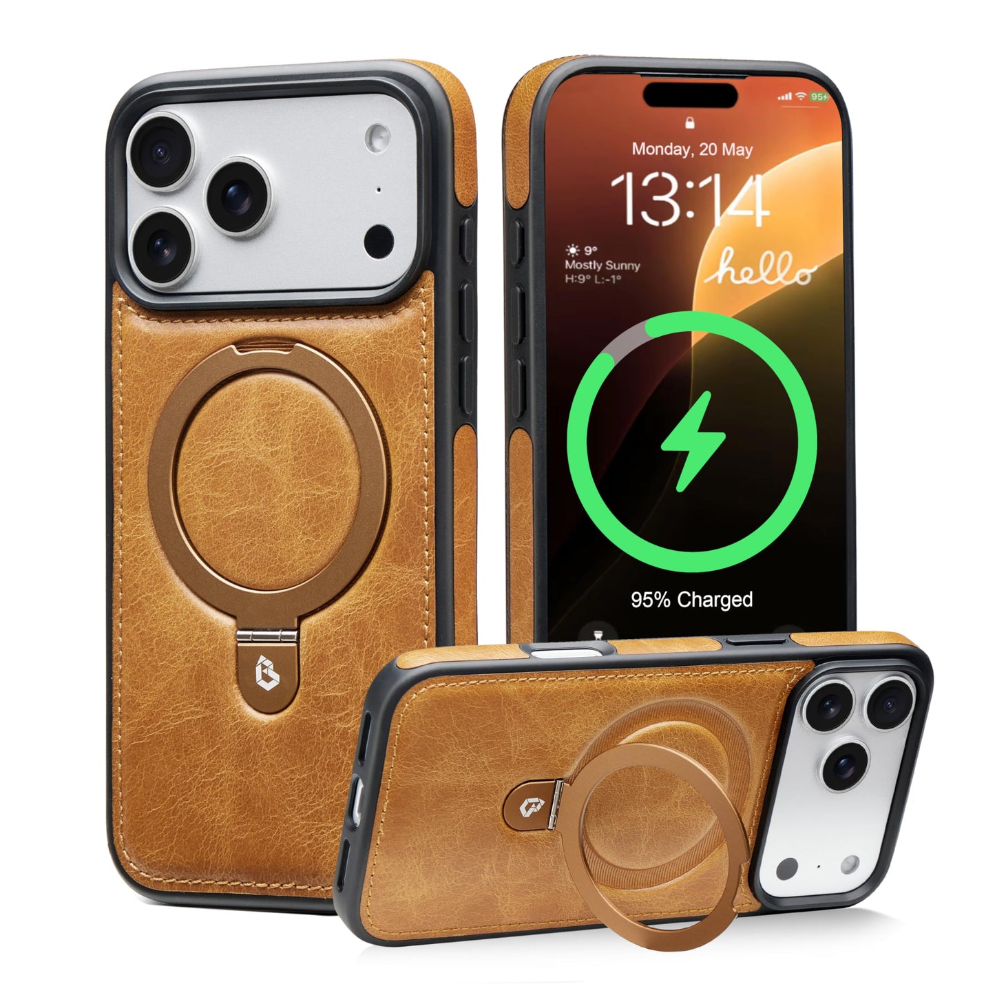 Bullroye for iPhone 17 Pro Max Case Leather Top-Grain Handcrafted with Stand, Fits for MagSafe (English Tan, iPhone 17 Pro Max)