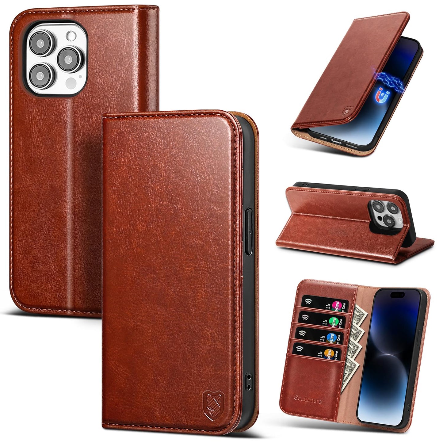 Scutumate Compatible with iPhone 14 Pro Max Case Wallet with Card Holder [4 Card Slots] Kickstand [RFID Blocking] PU Leather Phone Case Flip Protective Cover Shockproof,for Apple 14 ProMax,Brown
