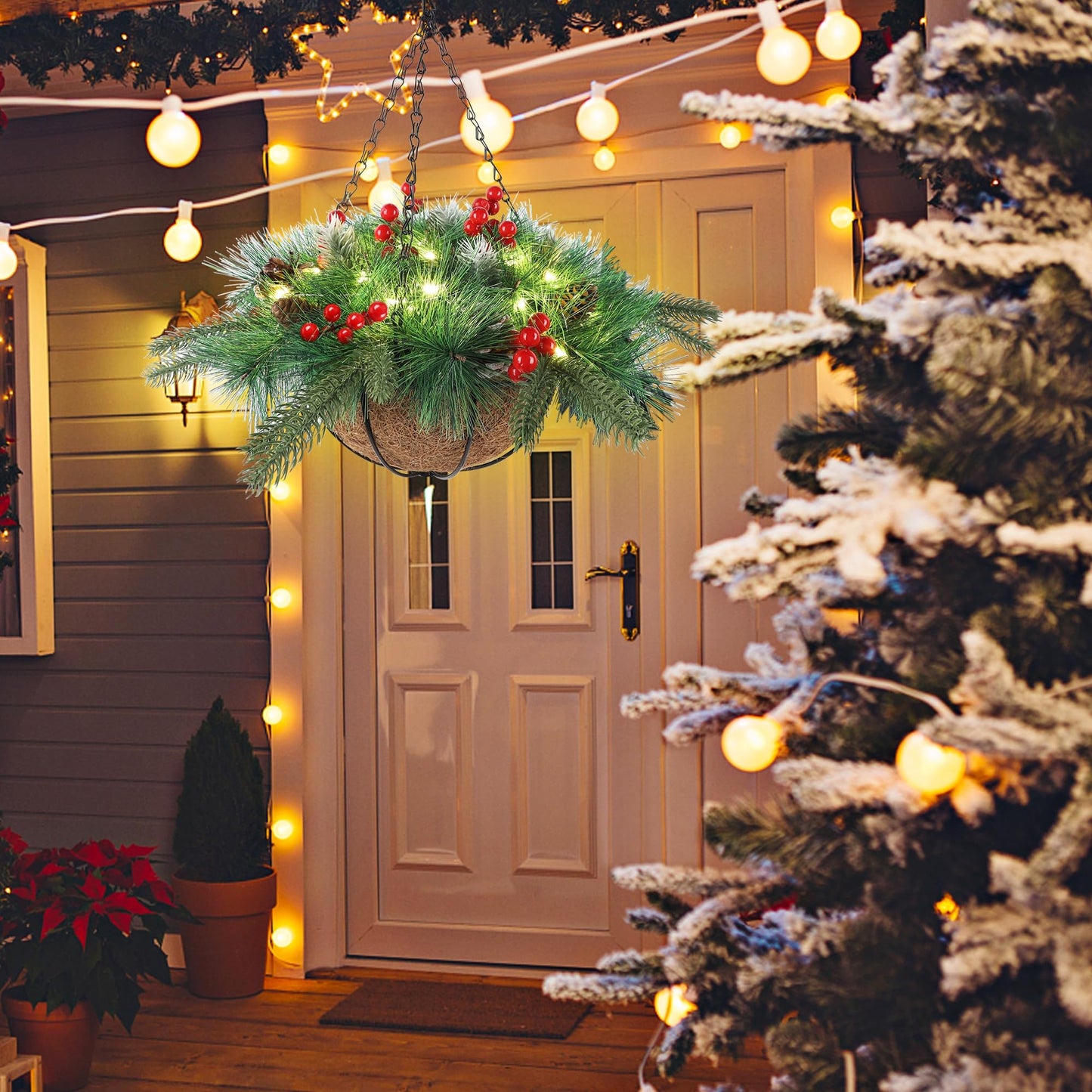 winemana Pre-Lit Artificial Christmas Hanging Basket Outdoor Decoration with Pine Cones & Red Berry Clusters, Battery Powered with Timer Lighted Branches Faux Plants for Outside Porch Front Door