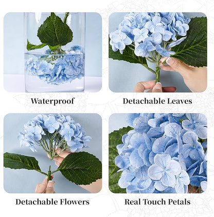 BonBloom's 3 Pcs Blue Faux Hydrangea Flowers 21 inches Hydrangea Artificial Flowers Latex Real Touch Flowers for Wedding Centerpieces Home Party Table Garden Outdoor Decoration