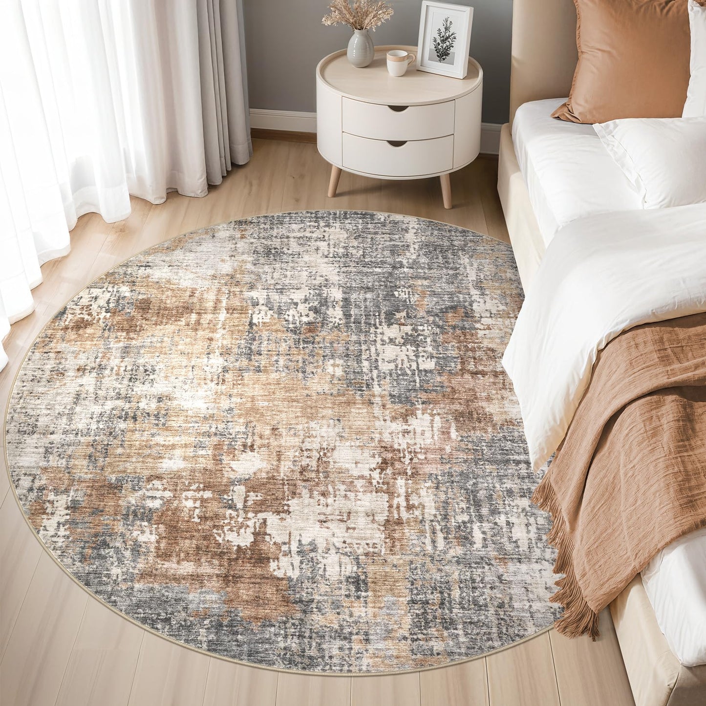 DMOYEST 5ft Round Area Rug Living Room Rugs - 5x5 Washable Large Soft Indoor Neutral Modern Abstract Low Pile Rug Carpet for Bedroom Dining Room Farmhouse Home Office - Grey Brown