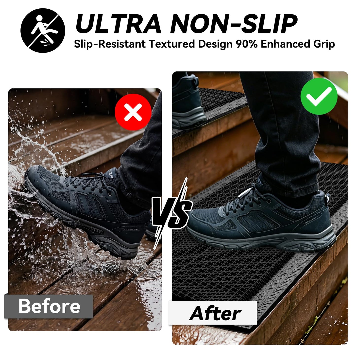 PVC Stair Treads for Wooden Step Outdoor, 8"x30" 5-Pack Self Draining Non Slip Step Covers, Heavy Duty Resistant Exterior Mats for Wood Stairs Fast Water Flow, Anti Slip Rubber-Like Stair Treads Black