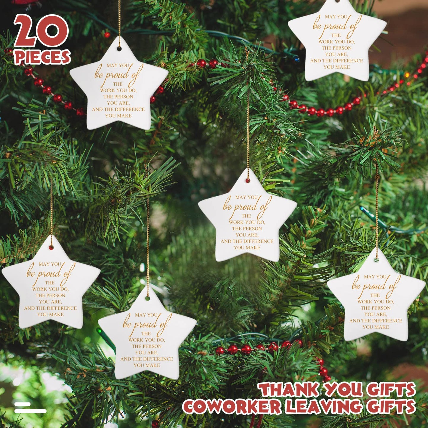 Sieral 20 Pieces Christmas Appreciation Gift for Employee Women Star Shaped Ornaments Thanksgiving Ceramics Hanging Plaque Keepsake Christmas Tree Ornaments for Customer Service Vet Tech Week Nurse