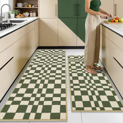 hicorfe Checkered Grid Checkerboard Kitchen Rugs,Set of 2 Non Slip Kitchen Mats for Floor,Washable Kitchen Runner Rugs Carpets for Hallways Entryway Laundry Room(20"x48"+21"x59",Green)