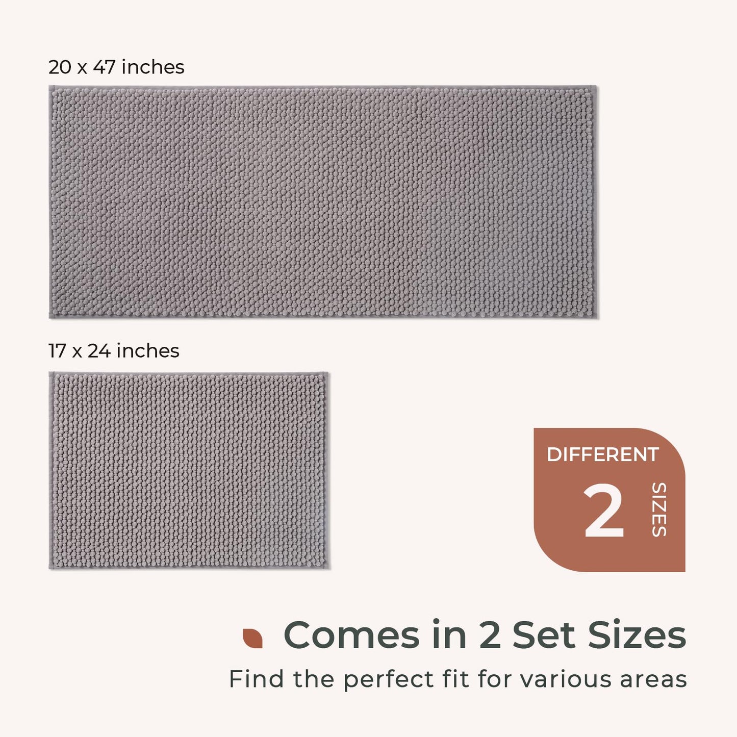 FRESHMINT Chenille Bathroom Rugs Sets 2 Piece 17"x24"+20"x47", Non-Slip Bath Mats Set for Bathroom, Absorbent Bath Rug, Washable Set of 2 Shower Floor Mat Runner, Gray