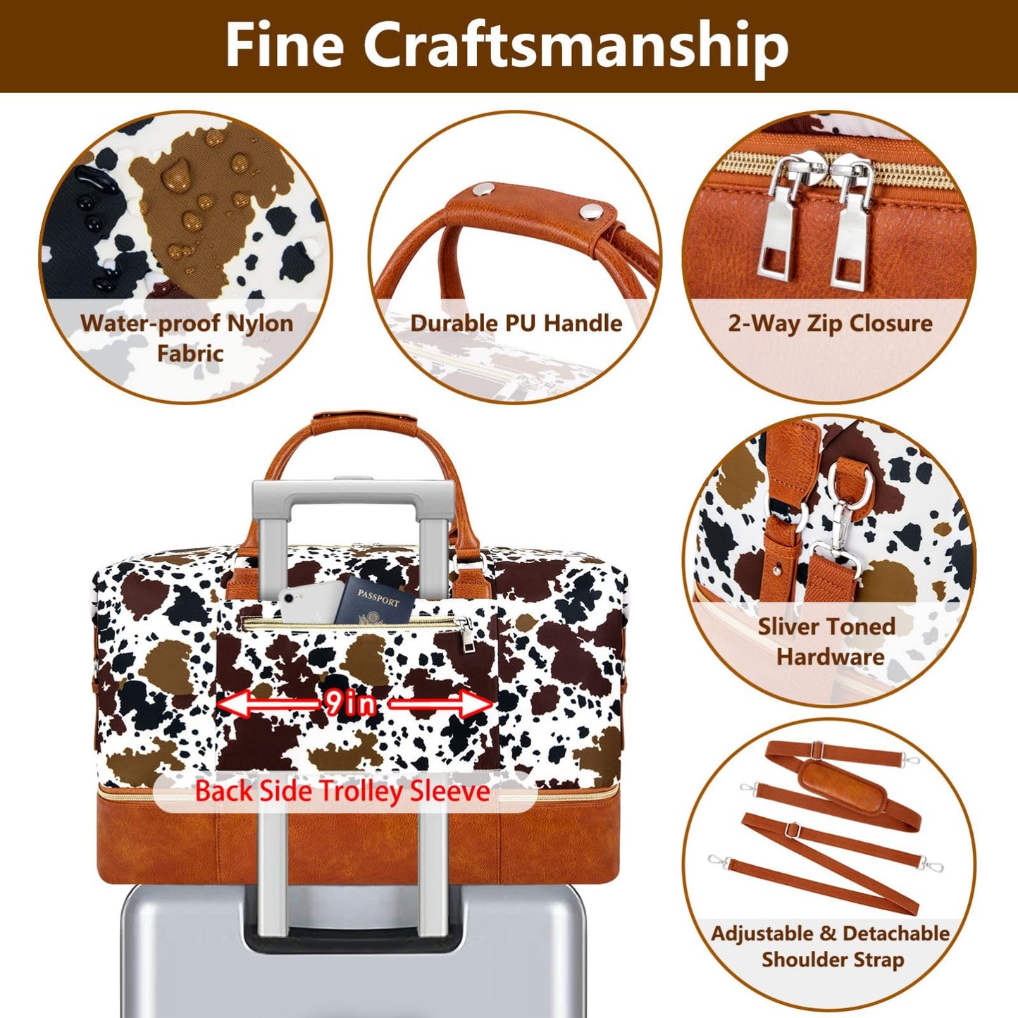 Weekender Bag for Women, Travel Duffel Bag Carry On Overnight Bag with Shoe Compartment Large Nylon Travel Weekend Tote Bag, 5-Brown Cow
