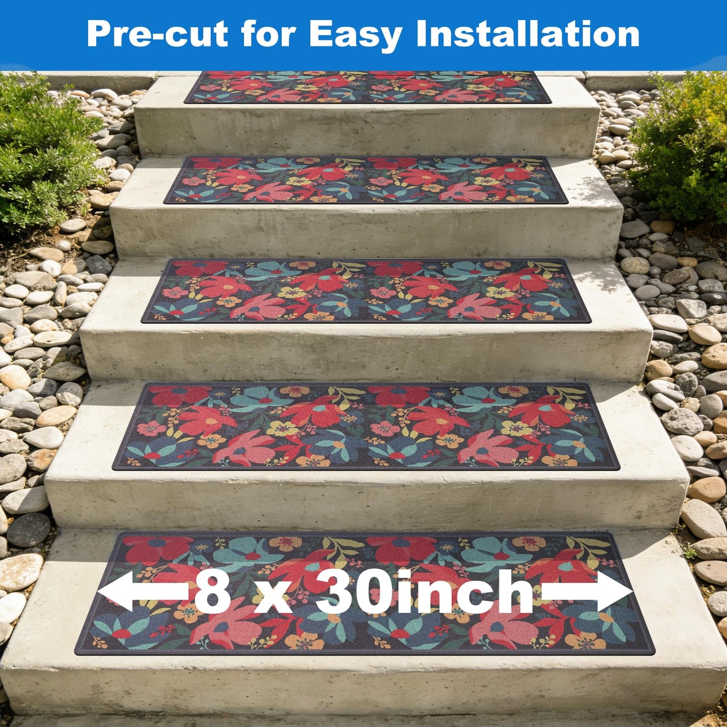 FUNMAT Outdoor Stair Treads Non-Slip, 8" X 30" - 12-Pack Weather Resistant Floral Grip Tape for Wooden Steps, Waterproof & Anti Skid High Traction Adhesive Step Strips for Stairs, Black