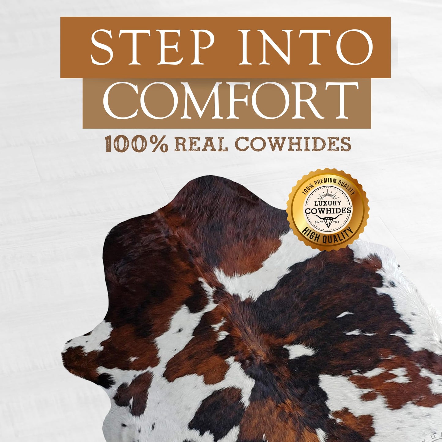 Sunshine Cowhides 100% Genuine Tricolor Cowhide Rug - Modern Style Animal Skin Rug & Floor Carpet for Living Room, Bedroom, Kitchen & More - Extra Large (6x7-8 Ft.)