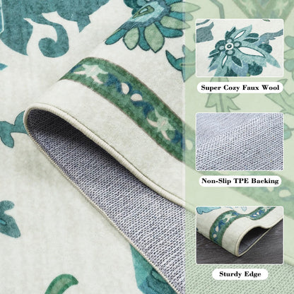 Uphome Green Washable Rugs 8x10, Floral Oushak Rugs for Living Room Bedroom, Non-Slip Soft Turkish Dining Room Rug, Modern Abstract Ultra-Thin Large Carpet for Office Playroom Dorm