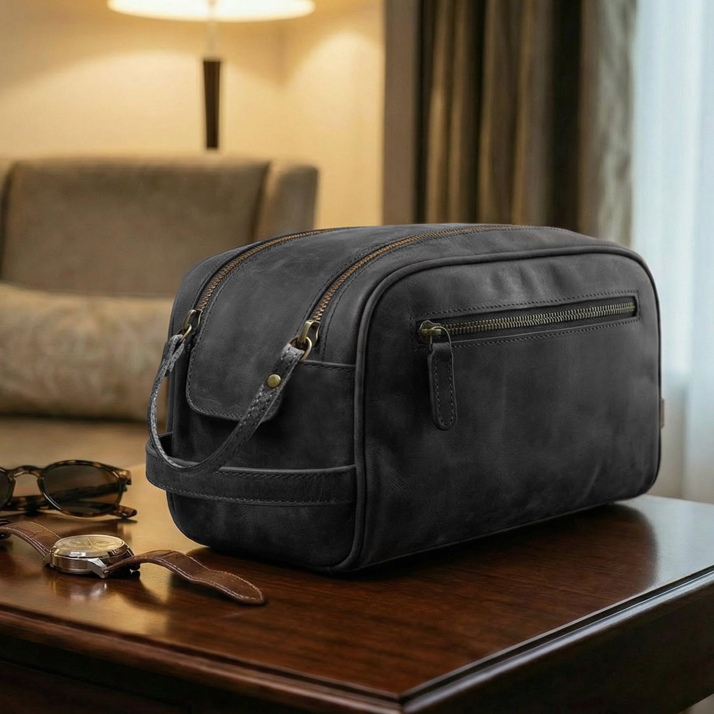 Rasavi Genuine Leather Travel Toiletry Bag, Handcrafted Vintage Water-Resistance Dopp Kit, Large Shaving & Bathroom Organizer - Gift for Men & Women - Black