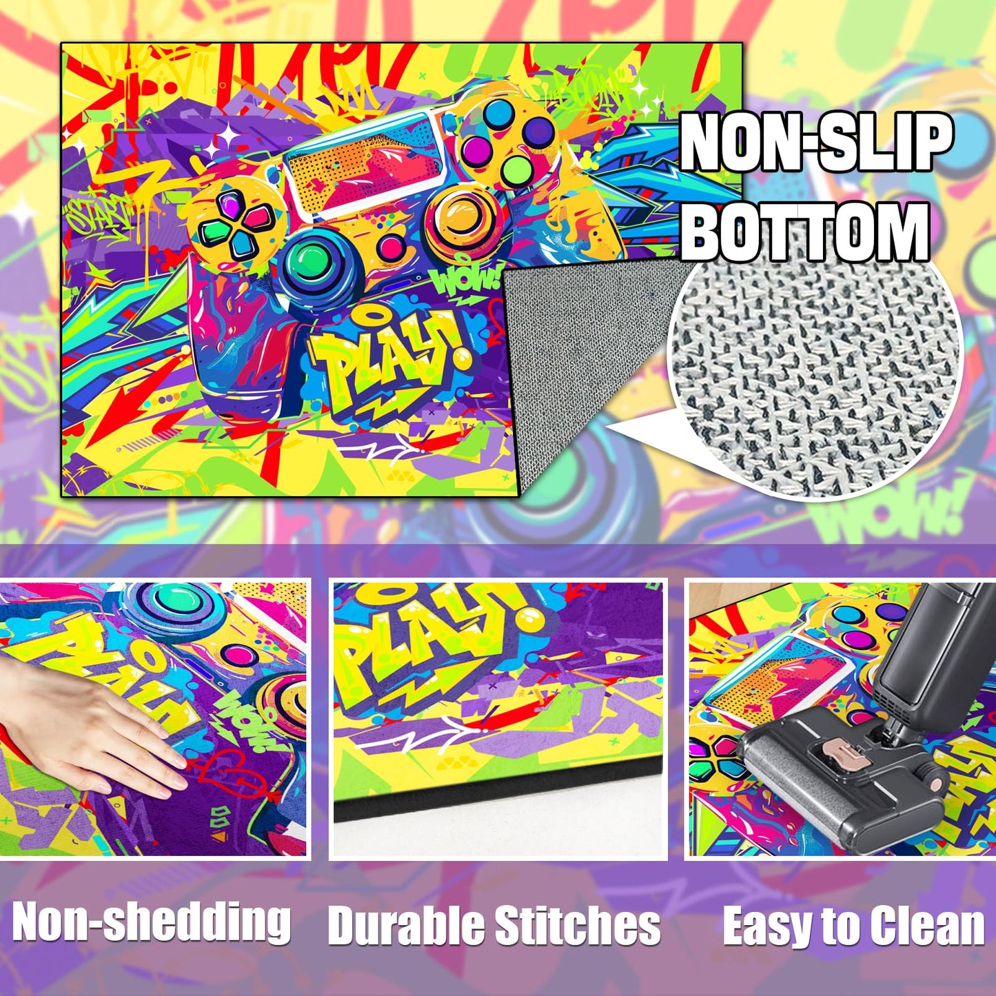 Gaming Area Rug Teen Boys Carpet, Colorful Graffiti Gamepad Graffiti Background Game Controller Design for Game Room, Boys Girls Bedroom Playroom, Living Room (Graffiti, 79" x 59")