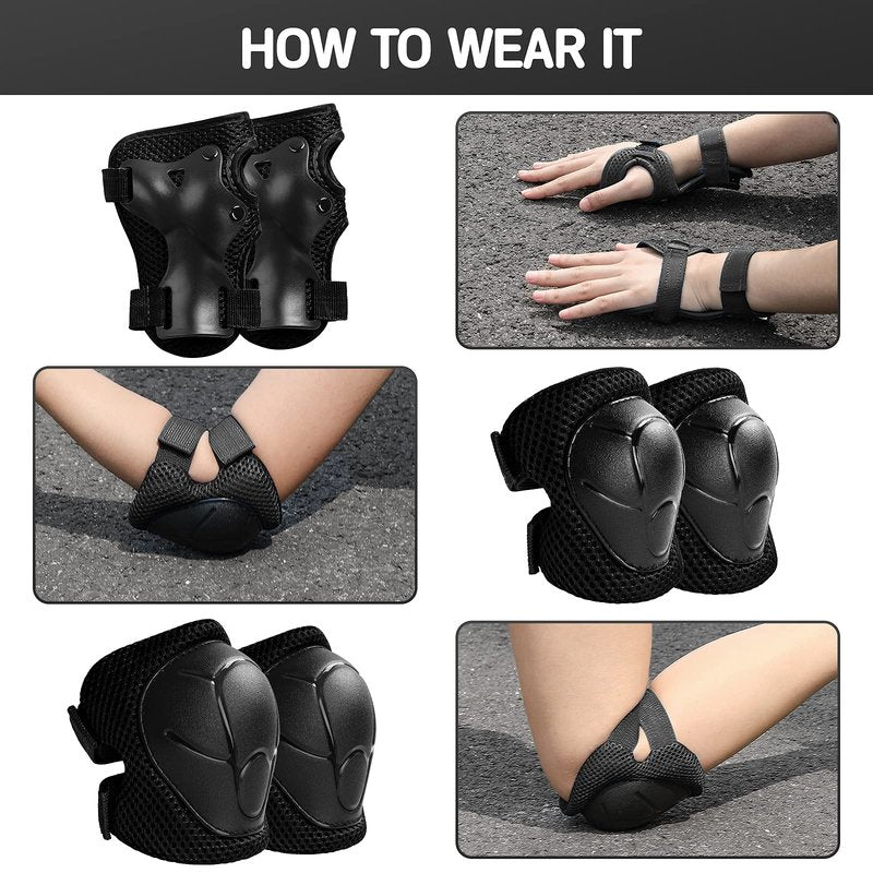 Kids Protective Gear Set Wemfg Knee Pads for Kids 7-13 Years Toddler Knee and Elbow Pads with Wrist Guards 3 in 1 for Skating Cycling Bike Rollerblading Scooter(Black)