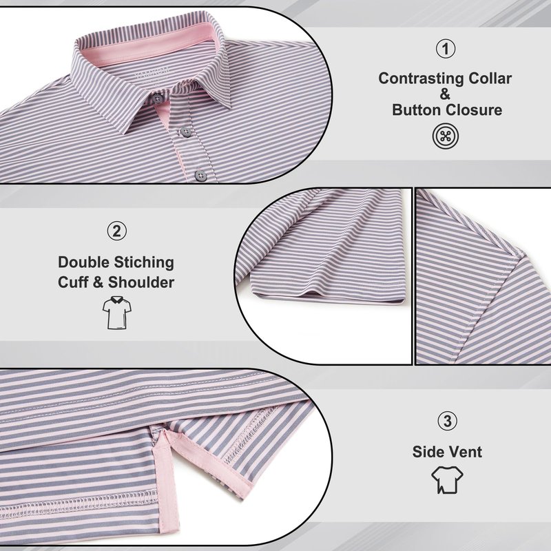 YAMXDM Golf Shirts for Men Moisture Wicking Short Sleeve Performance Sport Casual Striped Collared Mens Polo Shirt Pink Grey XL
