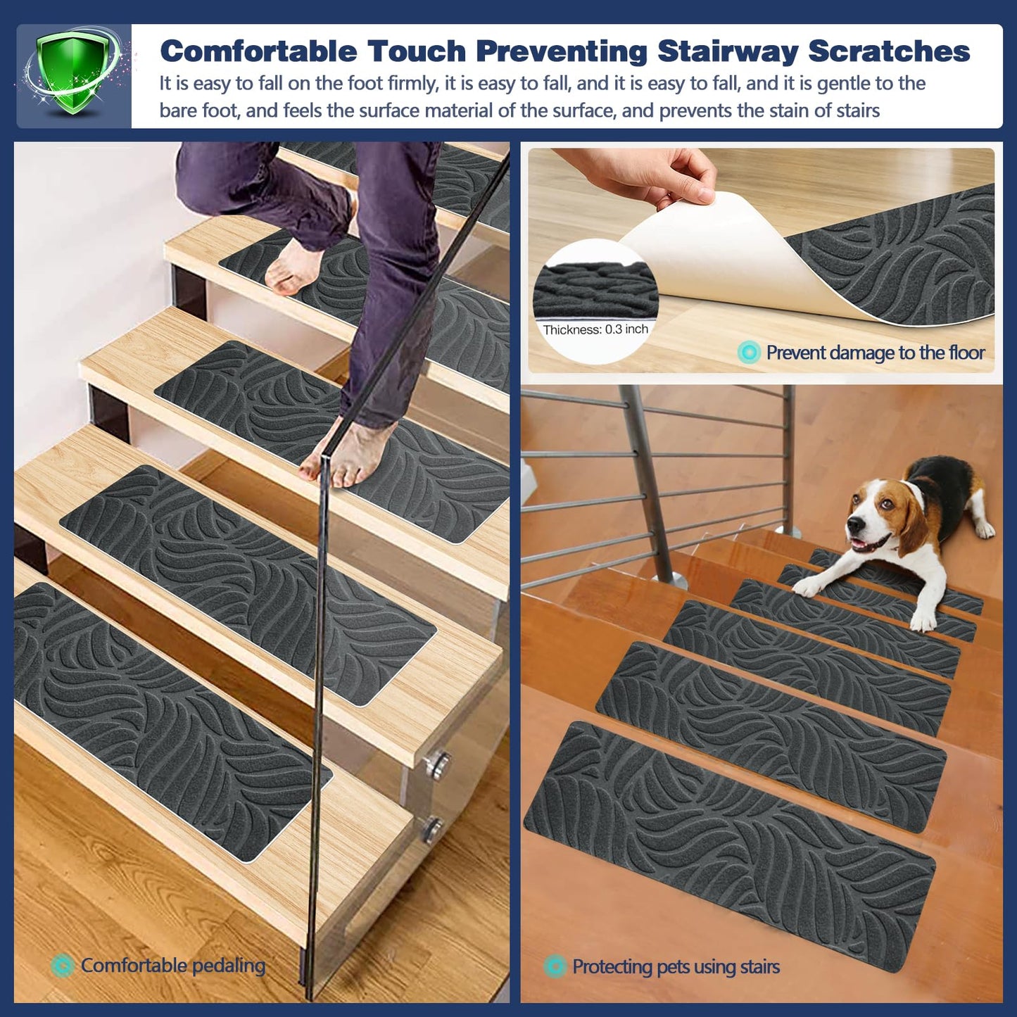 JAYFAN Non-Slip Stair Treads Mat Carpet for Wooden Steps(7/15 Pack), 21.6 x 7.4IN Self-Adhesive, Safety Indoor Stair Runner Mats, Anti Slip Stair Treads for Kids Elders and Dogs Pets