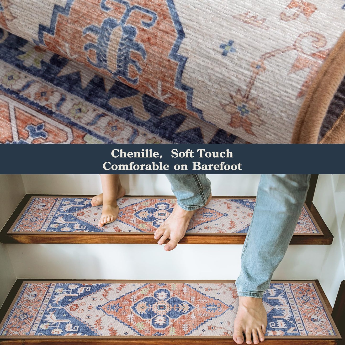 Lahome Non Slip Peel and Stick Stair Treads 15 Pack 8" X 30" Carpet Treads for Wood Stairs, Washable Self Adhesive Mat Edging Staircase for Tenant Defend The Steps from Scratches Dorie,Blue-Tan