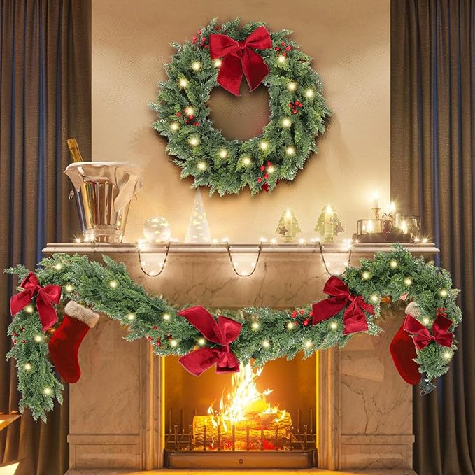 30 Inch Christmas Wreaths for Front Door with Lights,Lighted Cedar Door Wreath,Prelit Real Touch Artificial Green Winter Wreath with Large Burgundy Velvet Bow for Indoor Outdoor Decor