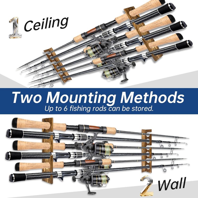 Fishing Rod Holders - Wall or Ceiling Mounted Rack for Up to 6 Fishing Poles | Garage Organization Solution