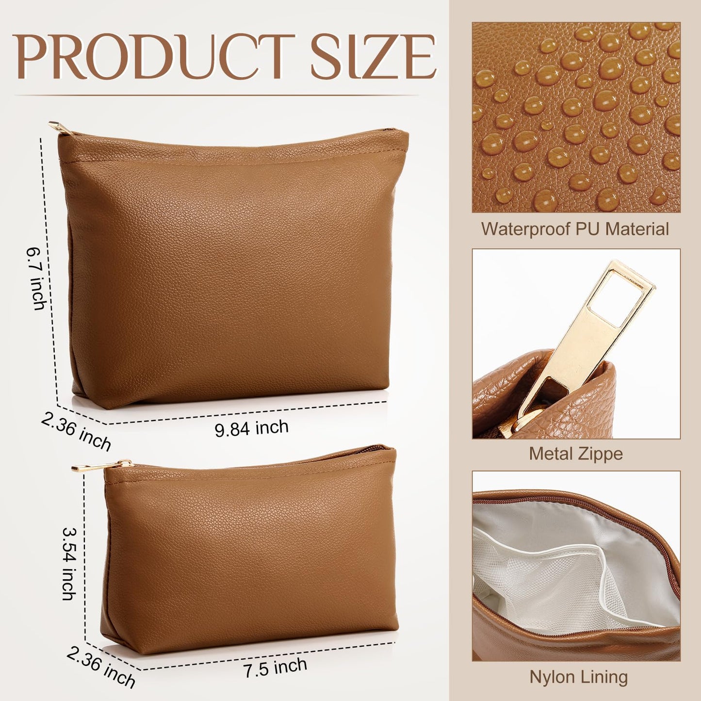 Kigeli 2 Pcs Small Makeup Bag Set for Purse PU Leather Cosmetic Bag Makeup Travel Toiletry Pouch Aesthetic Preppy Organizer Storage Pouch Gift for Teacher Mother Day Women(Brown)