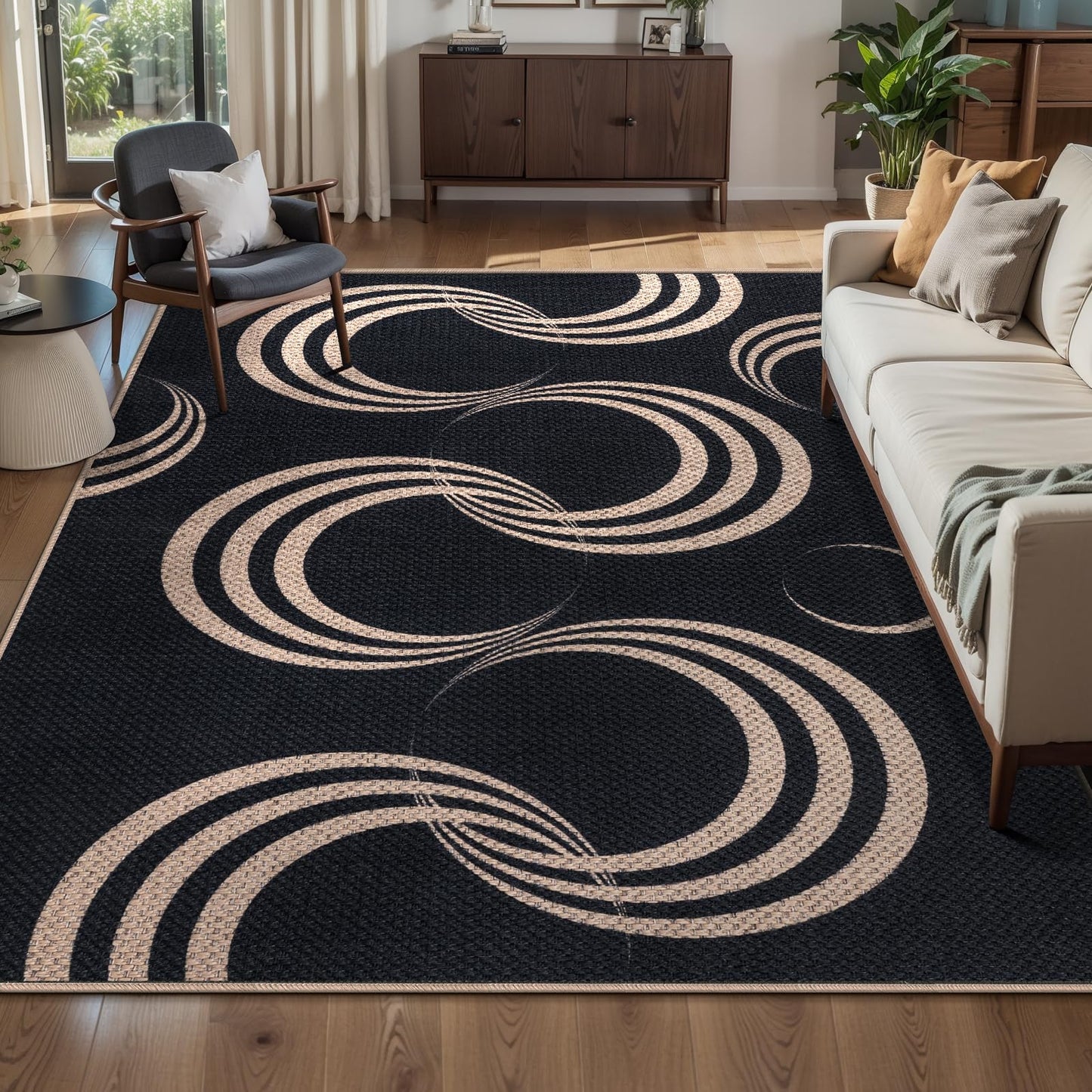 Tangsoo Easy Jute Area Rug,4x6 Washable Thin Outdoor Rug for Patio,Non Slip Rubber Backing Black Indoor Carpet Farmhouse Modern Throw Mat for Front Porch Balcony Living Room Diningroom
