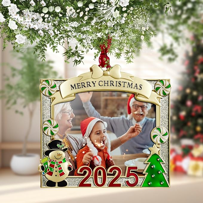 2025 Christmas Tree Ornament Picture Frame Ornament - Made of Zinc Alloy Glitter Powder Pendant 3x2.5 Inch Picture Frame for Pet and Baby Holiday Keepsake Gift (Snowman,Golden)
