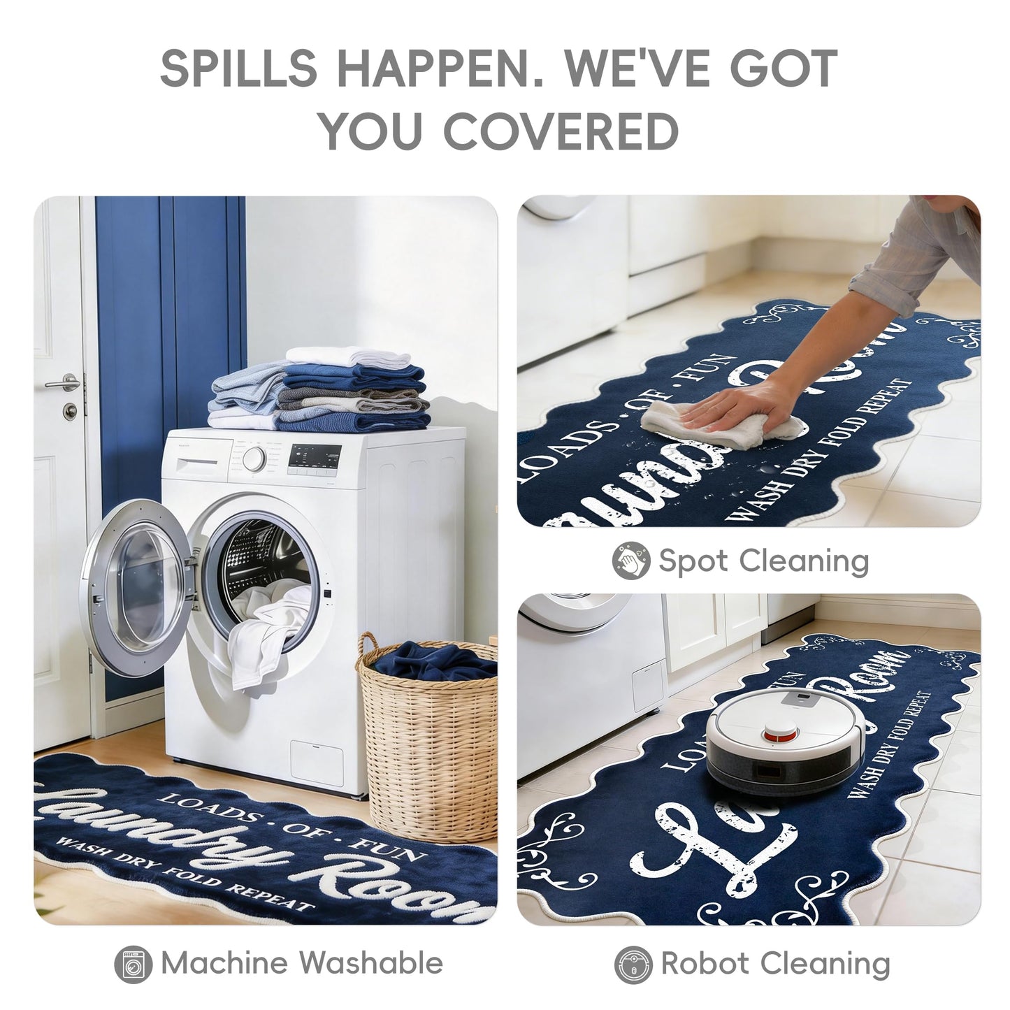Laundry Runner Rug 20″x47″, Dark Blue Scalloped Non-Slip Washable Laundry Mat with TPE Backing – Soft Cushioned for Laundry Room Organization & Farmhouse Decor, Ideal for Kitchen, Mudroom & Bathroom