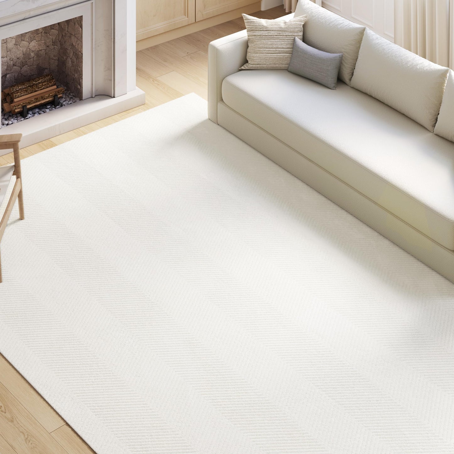 CASTLYE Area Rug for Living Room - 5x7 Soft Faux Rabbit Fur Modern Geometric Wave Carpet for Bedroom, Light Beige