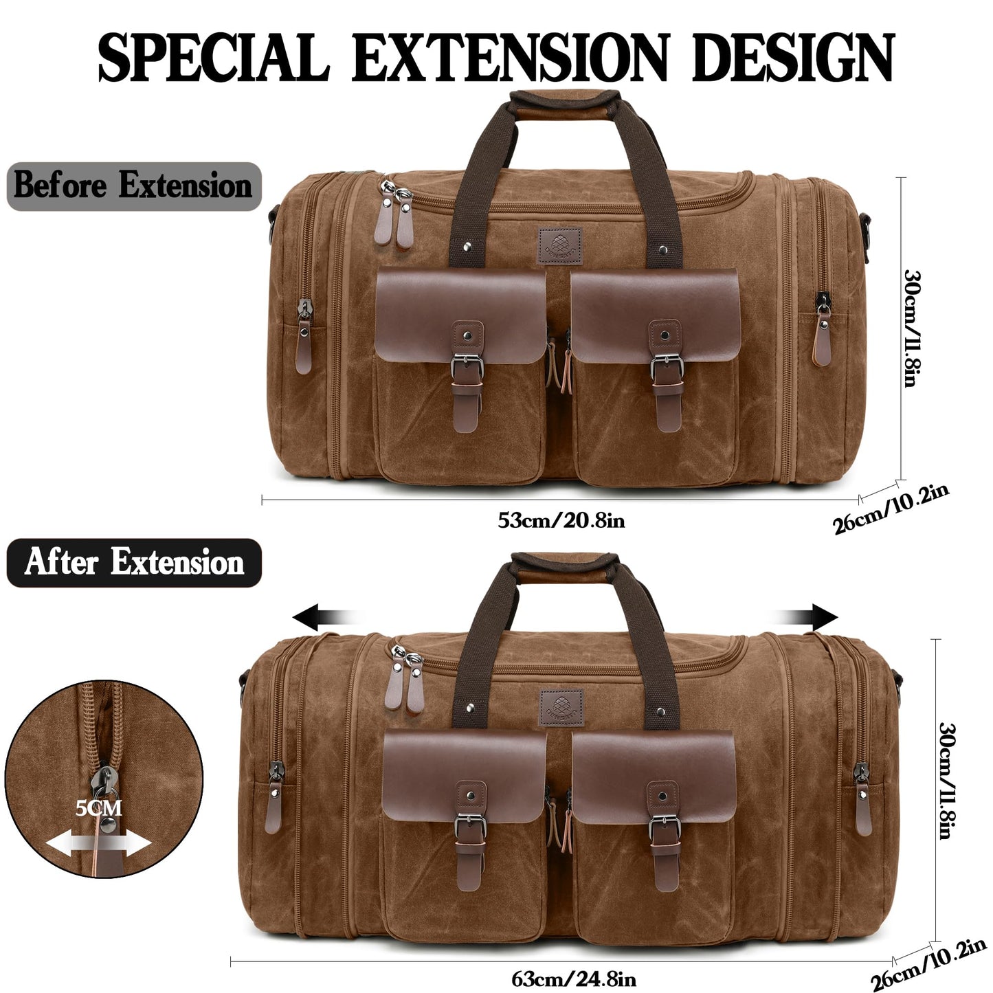Densata Waxed Canvas Duffle Bag for Men 50L Travel Duffel Bags Expandable Genuine Leather Duffel Overnight Weekender Carry On Bag Two Zipper Pockets Travel Bag (Vintage Dark Brown, Large-50L)