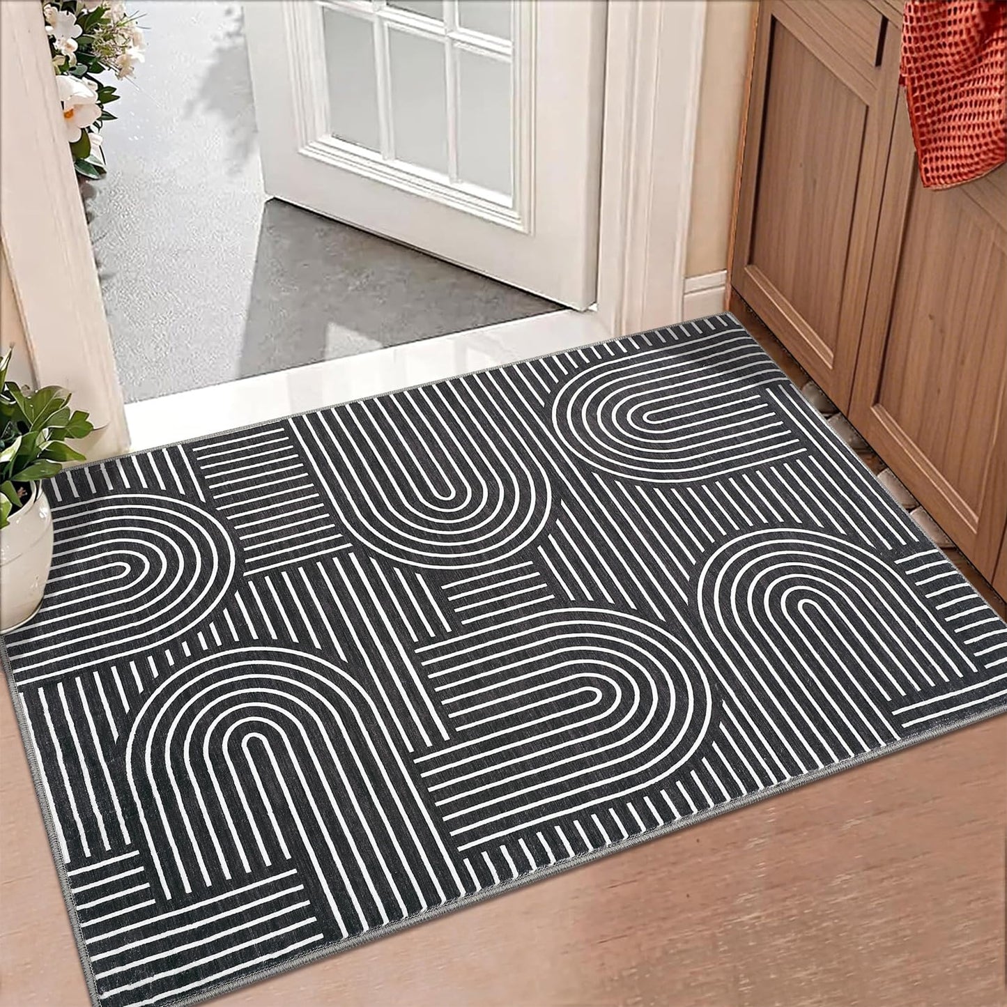 Washable Rug 2x3 Area Rugs for Entryway, Abstract Rug for Bedroom, Soft Rainbow Non Slip Small Area Rug with Rubber Back, Low Pile Stain Resistant Boho Geometric Carpet for Dining Room, Black