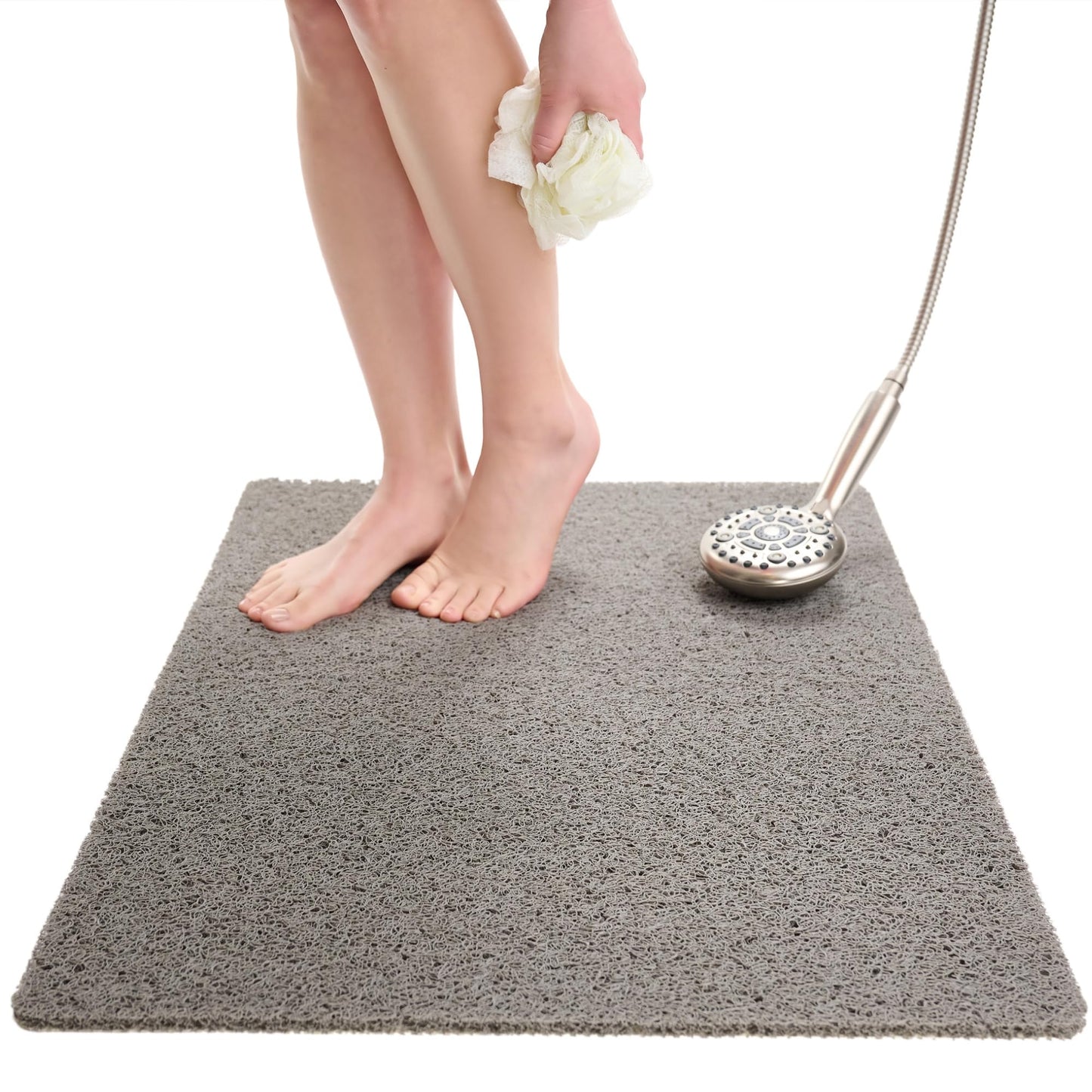 Enkosi Loofah Non-Slip Shower Mat - Shower Floors, Bathtub, Bathrooms, Wet Areas - Cushioned Bath Mat with Drain Holes - Quick Dry PVC, Secure Safety Pad Without Suction Cups (32x24 Grey)