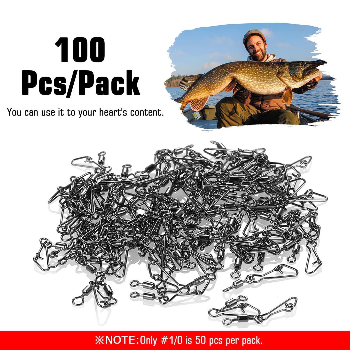 AMYSPORTS Saltwater Rolling Fishing Swivel Tackle High Strength Fishing Snap Barrel Freshwater Trolling Swivel Snaps Lock Lure Connector Accessories, 100pcs, 44lbs