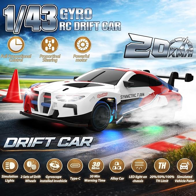 RC Drift Car 1/43 Mini RC Drift Car with Gyro 2.4GHz Full Proportional Control 20KM/H 4WD High Speed Remote Control Alloy LED Lights &amp Drift Tires Toys for Adults Boys and Girls Gift