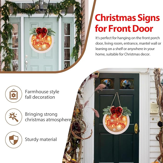 HOMCDALY Merry Christmas Welcome Sign for Front Door, Winter Merry Christmas Wreath with Light, Farmhouse Door Decoration Wooden Hanging Sign, Christmas Decoration (F-Xmas-White)