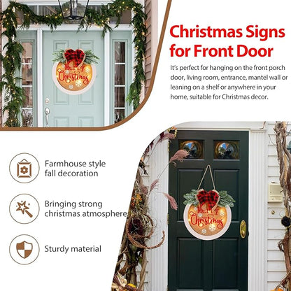 HOMCDALY Merry Christmas Welcome Sign for Front Door, Winter Merry Christmas Wreath with Light, Farmhouse Door Decoration Wooden Hanging Sign, Christmas Decoration (F-Xmas-White)