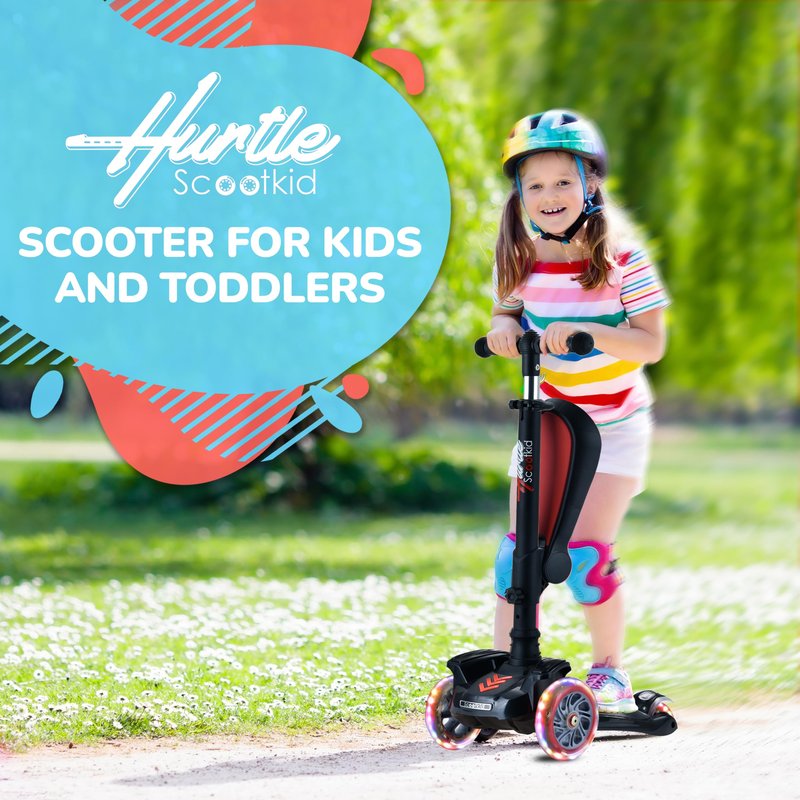 Hurtle 3 Wheeled Scooter for Kids - 2-in-1 Sit/Stand Child Toddlers Toy Kick Scooters with Flip-out Seat, Adjustable Height, Wide Deck, Flashing Wheel Lights, For Boys/Girls 1 Year Old+