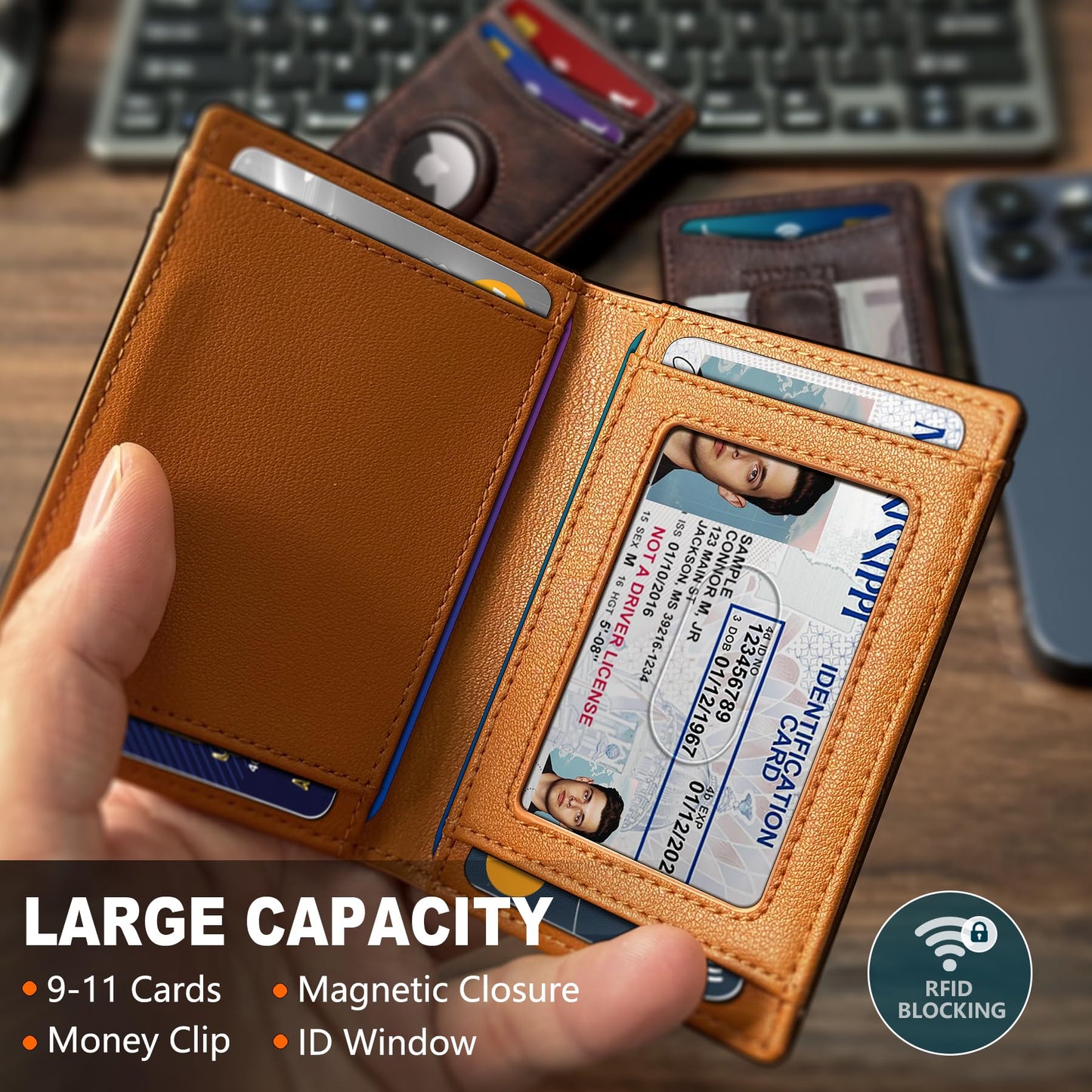 miyozi Airtag Wallet for Men- with Money Clip Gift Boxed, Magnetic Closure Slim Genuine Leather Front Pocket Wallet, 4.1"x 2.8", RFID Blocking