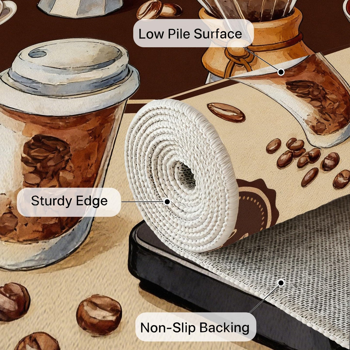 Egljss 4ft Round Rug, Coffee Bean Circle Area Rug for Living Room, Brown Round Carpet for Bedroom, Coffee Cup Circle Washable Rugs for Dining Table, Rugs Non Slip Kitchen