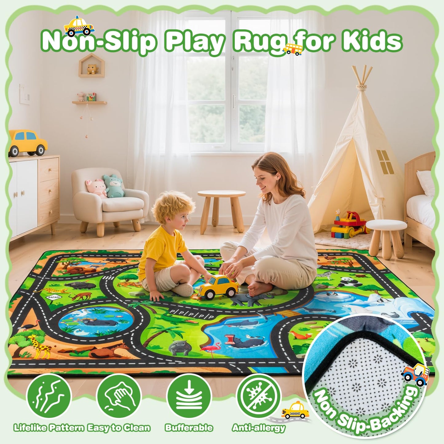 AlphabetAcre Kids Rug, 3x5 Ft Animal Car Rugs for Kids Toy Cars, Extra Thick (0.4in) - Non-Slip Zoo Road Rug Mat Carpet for Playroom & Bedroom, Educational Learning & Game Area