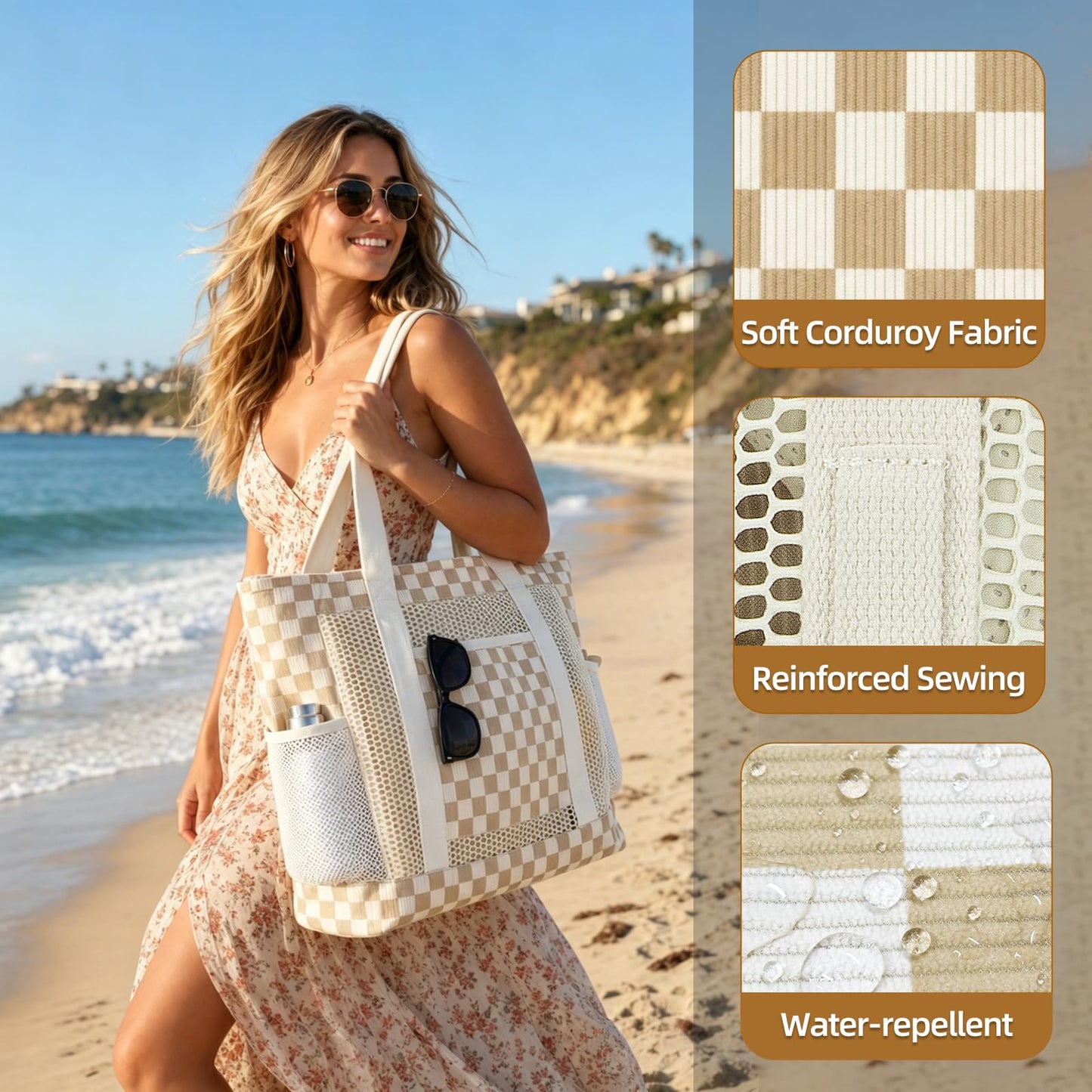 MIAOJIE Mesh Beach Tote Bags for Women Corduroy Tote Bag Sandproof Mesh Beach Bag With Zipper Pocket Pool Bag for Weekender Travel Cruise Swim -Khaki Plaid