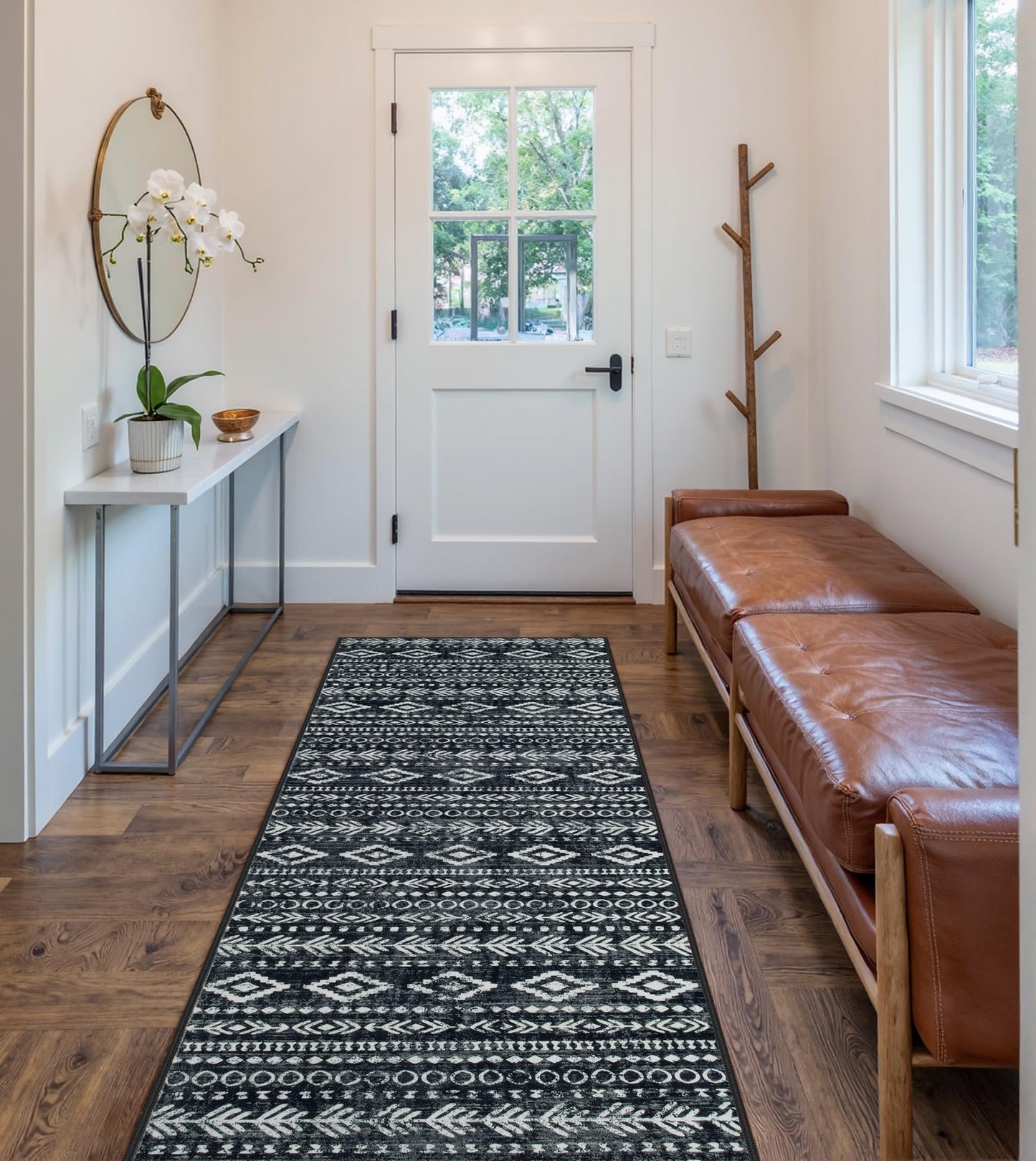 Lahome Moroccan Runners for Hallways, Washable 2.5x8 Black White Hallway Runner Rug Non-Slip, Low-Pile Soft Tribal Print Boho Indoor Bedroom Carpet Runners 8ft for Entryway Kitchen Laundry Varena