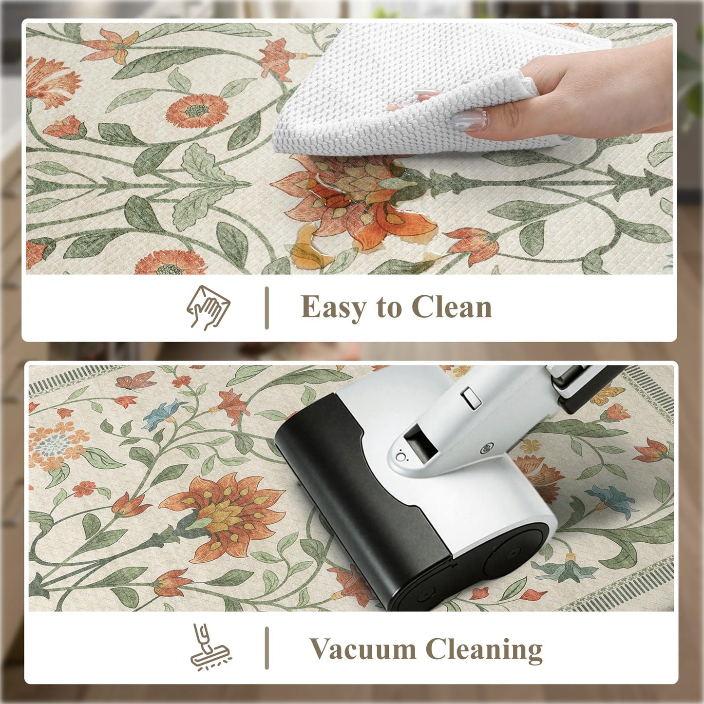 Collive Kitchen Mats for Floor, Cushioned Anti Fatigue Mat Floral Rugs 2 Piece Non Skid Waterproof Sink Rug, Memory Foam Comfort Standing Mat for Office, Laundry, Desk, 17.3"x29"+17.3"x47", Beige
