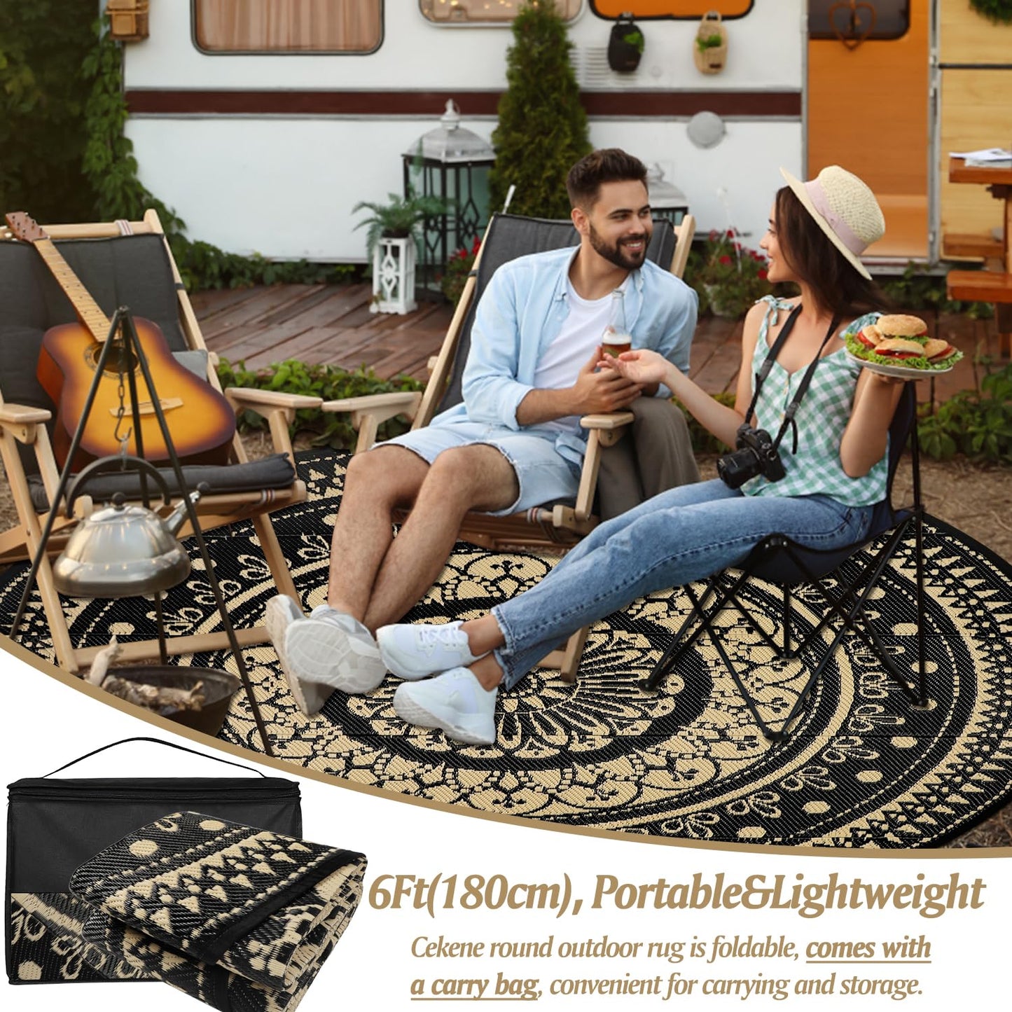 Cekene Round Outdoor Rugs Waterproof 6Ft Reversible Outdoor Patio Rugs Portable RV Camping Mats Lightweight Plastic Straw Rugs Outdoor Area Rug for Patio Picnic Beach BBQ, Black/Camel