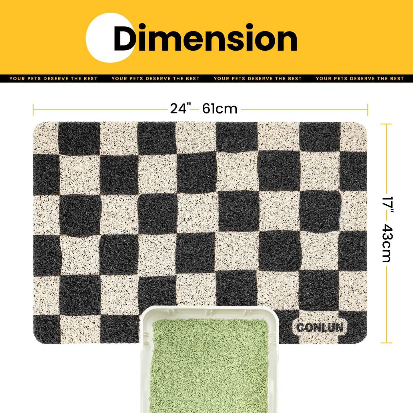 Conlun Cat Litter Mat Litter Trapping Mat, Premium Durable PVC Cute Cat Litter Box Mat, Non-Slip, Less Waste Kitty Litter Mat, Soft on Kitty’s Paws, 24”x 17” cat matts for litter, Chessboard