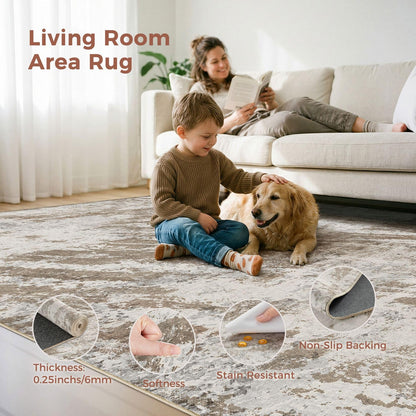 DMOYEST 10x14 Washable Area Rug: Abstract Modern Non-Slip Carpet, Soft Low Pile Indoor Neutral Easy Clean Floor Rugs for Living Room Bedroom Dining Room Kids & Pets - Brown