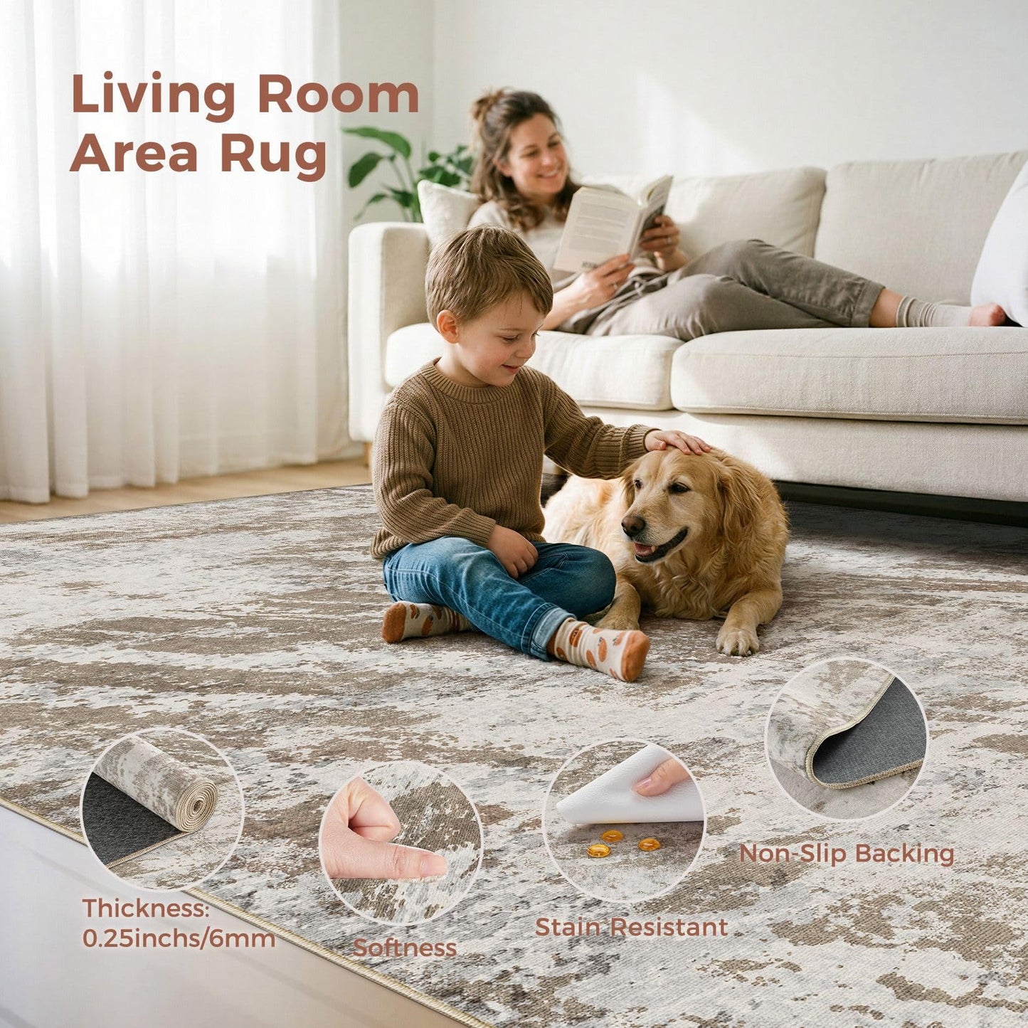 DMOYEST 5x7 Washable Area Rug: Abstract Modern Non-Slip Carpet, Soft Low Pile Indoor Neutral Easy Clean Floor Rugs for Living Room Bedroom Dining Room Kids & Pets - Brown