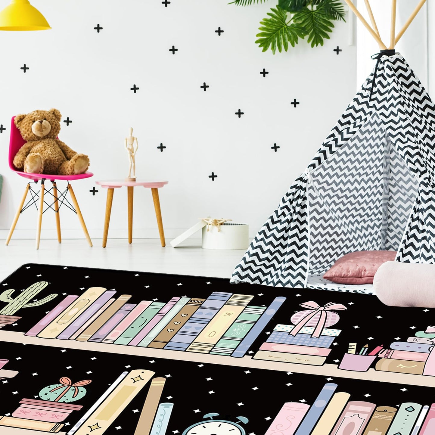 Klyyo Clyro Bookshelf with Dots Rug 5' x 7.6' Pastel Classroom Rug Non Slip Washable Large Educational Carpets for Classroom Nursery Library Playroom Bedroom Reading Decor