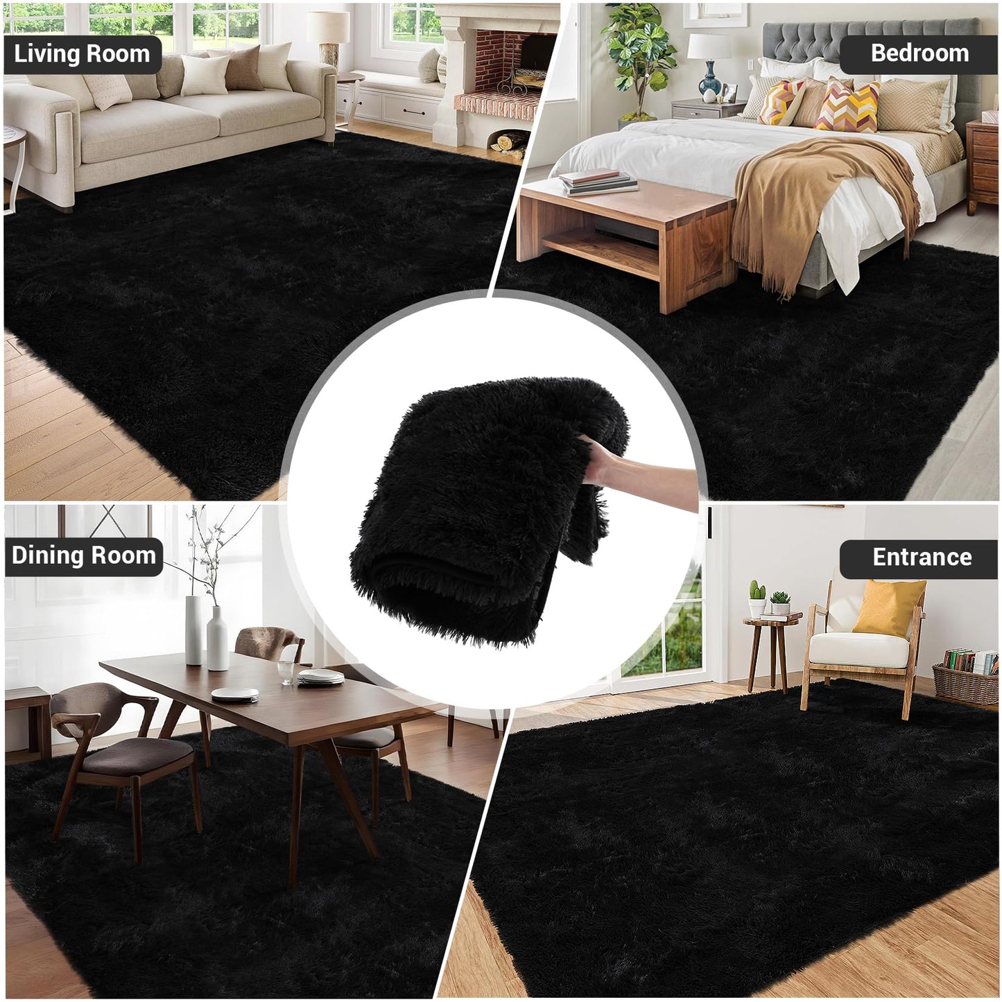 COZYLOOM Luxury Super Soft Fluffy Area Rug 4x6 Plush Fuzzy Rugs Ultra Soft Fluffy Furry Rugs Non Slip Non Shedding Area Rug Indoor Carpet for Nursery Kids Room Bedroom Home Decor,Black