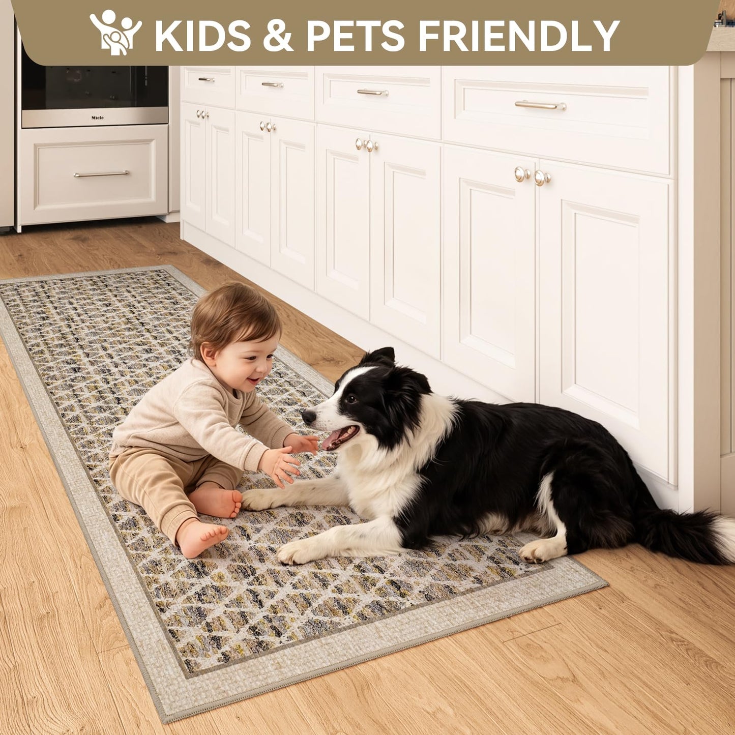 Hallway Runner Rug 2x8 Washable Non Slip, Kitchen Runner Rug & Long Indoor Runner Carpet for Entryway Laundry Room Bedroom, Vintage Low Pile Area Rug (2'x8', Beige)