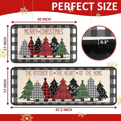 Buffalo Plaid Xmas Trees Merry Christmas Kitchen Rugs Set of 2, Christmas Indoor Floor Mats for Winter, Xmas Door Mat Runner Rug for Kitchen Home Decor 17"x47"+17"x30"