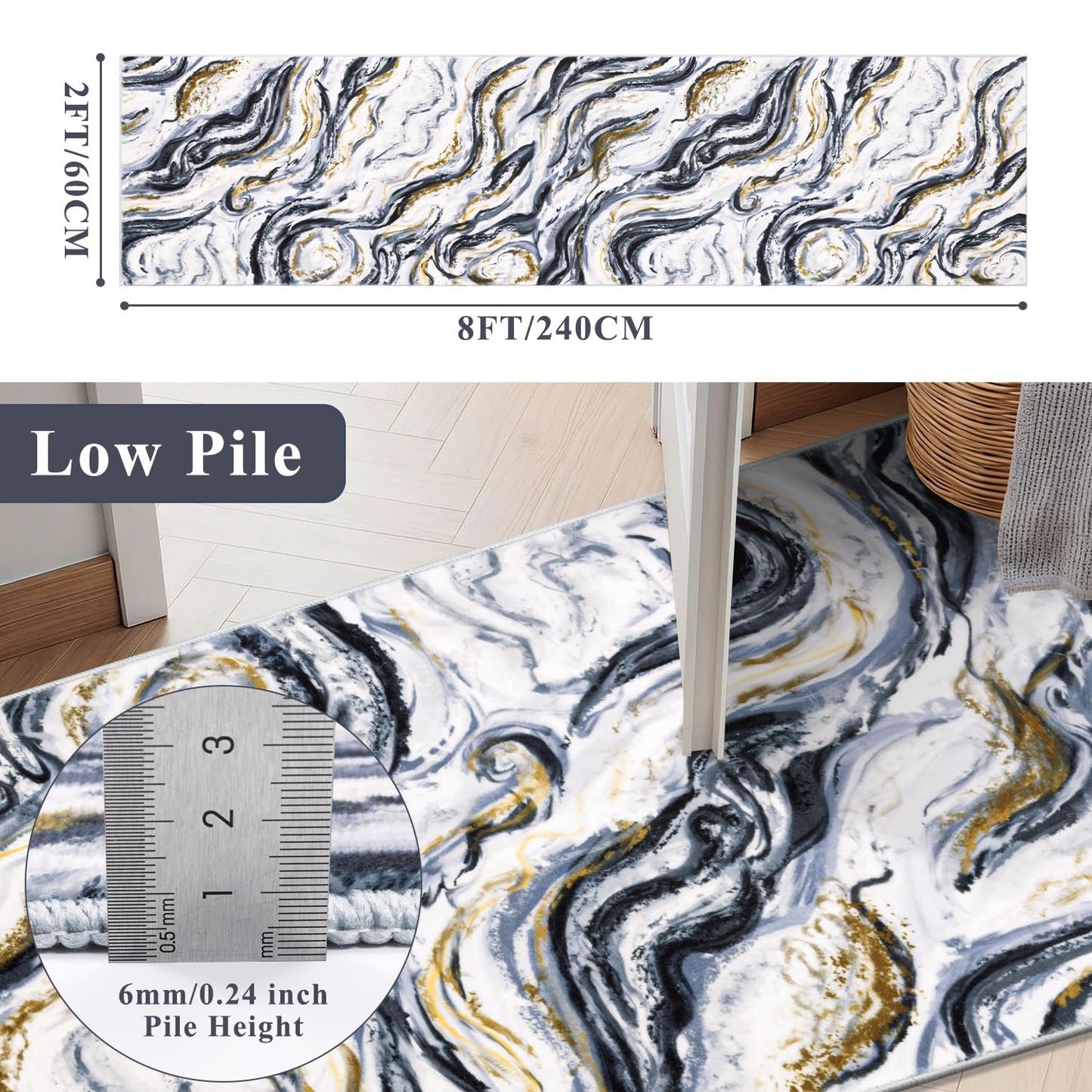 Yamaziot 2x8 Washable Runner Rug for Kitchen Hallways, Modern Abstract Non-Slip Rug with Rubber Backing, Stain Resistant & Low Pile Carpet Runner for Bedroom, Laundry, Entrance,Black
