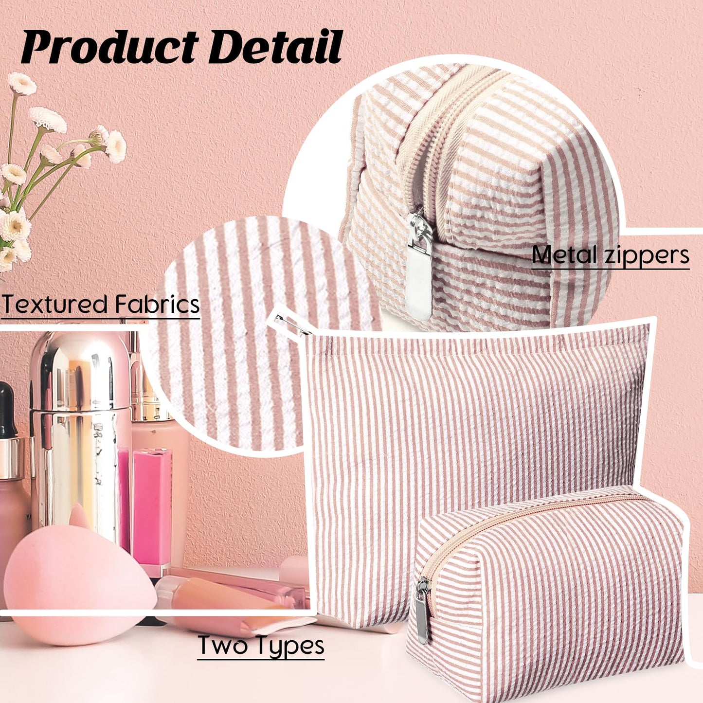 Huhumy 2 Pcs Makeup Bag Set Cute Cosmetic Pouch for Women Seersucker Travel Toiletry Bag Preppy Small Makeup Purse Pouch Aesthetic Skincare Brushes Storage Organizer for Valentine Women(Khaki)